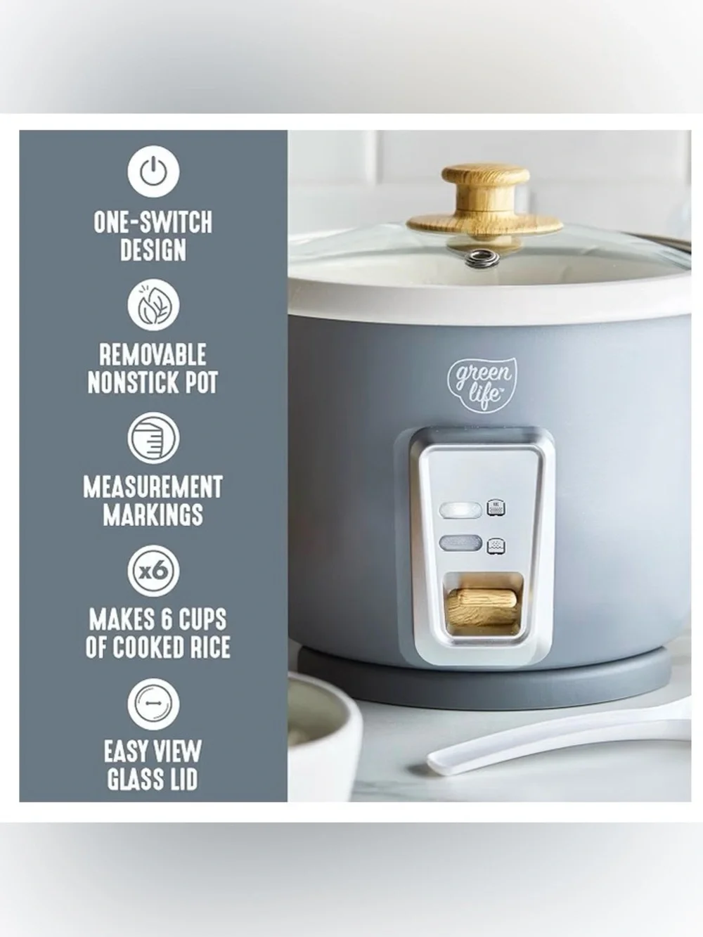GreenLife Rice Cooker, 3-Cups Uncooked/6-Cups Cooked, Gray New